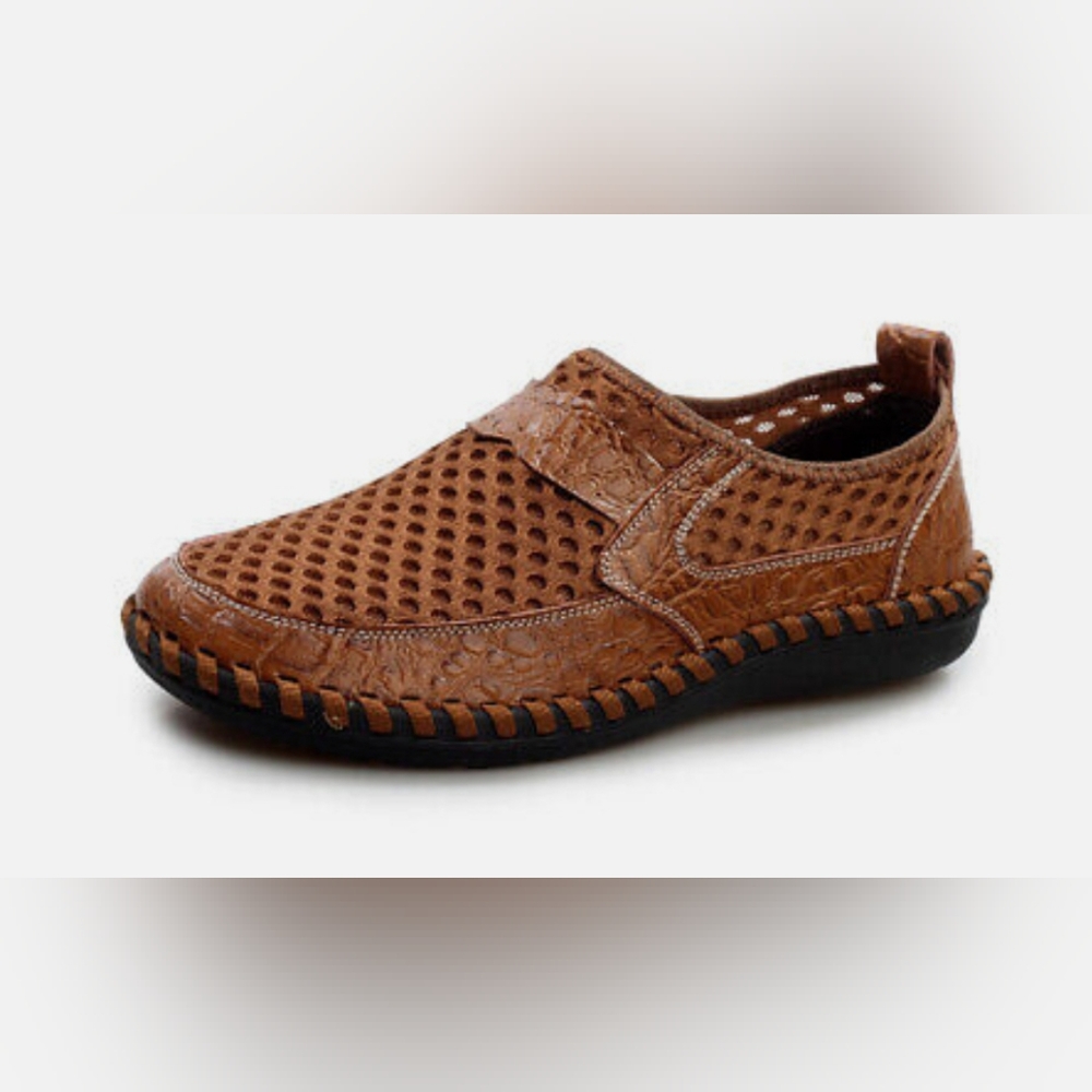 MENS MESH SLIP-ON LEATHER BREATHABLE FLAT DRIVING SHOES, SOFT SOLE LOAFERS SHOES